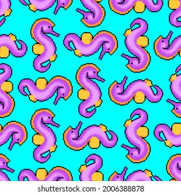 SeaHorse pixel art pattern seamless. 8 bit Sea animal background. vector texture 