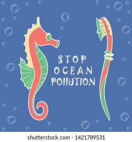 seahorse and plastic toothbrush in the ocean