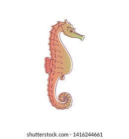 Seahorse of red color with a thin black contour. Vector illustration on white background.