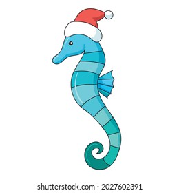 Seahorse in Santa Hat. EPS 10 vector. Design for Christmas in July Sale
