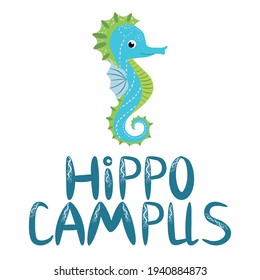 Seahorse, Scandinavian style hippocampus, hand drawn, beautiful detailed turquoise and text