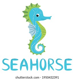 Seahorse, Scandinavian style hippocampus, hand drawn, beautiful detailed turquoise and text