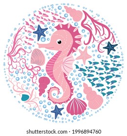 Seahorse, Scandinavian style hippocampus, hand drawn, among seaweed, starfish, seashells fish pink girl