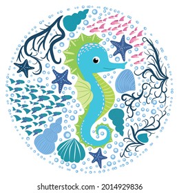 Seahorse, Scandinavian style hippocampus, hand drawn, among seaweed, starfish, seashells fish turquoise boy