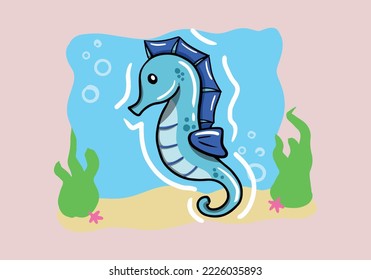 Seahorse, Scandinavian style hippocampus, hand drawn, beautiful detailed turquoise seahorse