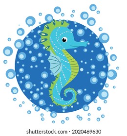 Seahorse, Scandinavian-style hippocampus, hand drawn, in water bulbs, turquoise boy