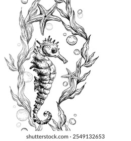 Seahorse, sea blue algae with leaves wriggling in wave with bubbles and coral starfish. Graphic illustration hand drawn in black ink underwater world Seamless vertical border pattern for long projects