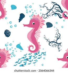 Seahorse, sea inhabitants seamless pattern, beautiful character among seashells, seaweed, starfish, marine wildlife.