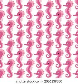 Seahorse, sea inhabitants seamless pattern, beautiful character among seashells, seaweed, starfish, marine wildlife.