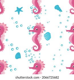 Seahorse, sea inhabitants seamless pattern, beautiful character among seashells, seaweed, starfish, marine wildlife.