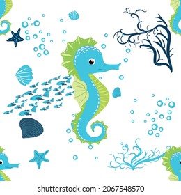 Seahorse, sea inhabitants seamless pattern, beautiful character among seashells, seaweed, starfish, marine wildlife.
