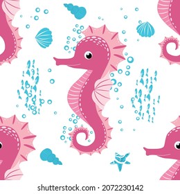 Seahorse, sea inhabitants seamless pattern, beautiful character among seashells, seaweed, starfish, marine wildlife.