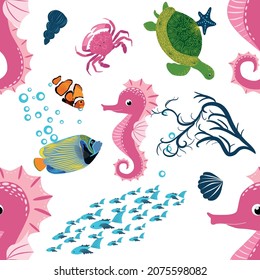 Seahorse, sea inhabitants seamless pattern, beautiful character among seashells, seaweed, starfish, marine wildlife.