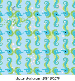 Seahorse, sea inhabitants seamless pattern, beautiful character among seashells, seaweed, starfish, marine wildlife.