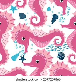 Seahorse, sea inhabitants seamless pattern, beautiful character among seashells, seaweed, starfish, marine wildlife.