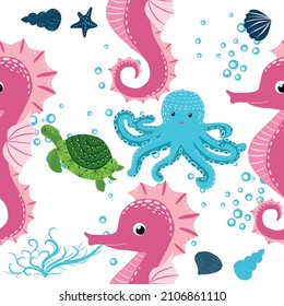 Seahorse, sea inhabitants seamless pattern, beautiful character among seashells, seaweed, starfish, marine wildlife.