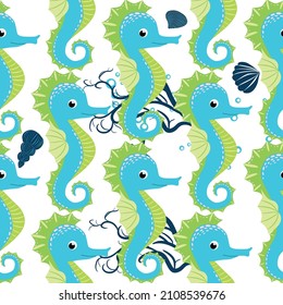 Seahorse, sea inhabitants seamless pattern, beautiful character among seashells, seaweed, starfish, marine wildlife.
