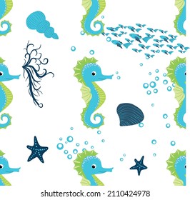 Seahorse, sea inhabitants seamless pattern, beautiful character among seashells, seaweed, starfish, marine wildlife.