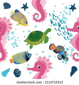 Seahorse, sea inhabitants seamless pattern, beautiful character among seashells, seaweed, starfish, marine wildlife.