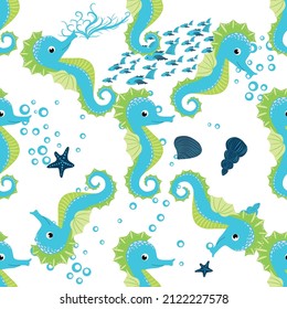 Seahorse, sea inhabitants seamless pattern, beautiful character among seashells, seaweed, starfish, marine wildlife.