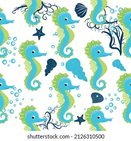 Seahorse, sea inhabitants seamless pattern, beautiful character among seashells, seaweed, starfish, marine wildlife.
