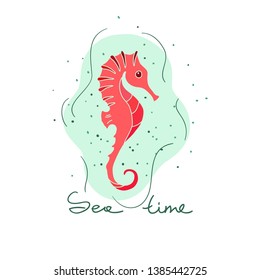 Seahorse in the sea waves. Isolated template on white background for banners, cards, summer textile. Vector.