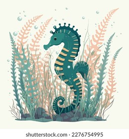 Seahorse in seagrass meadow. Underwater fish and sea creatures in natural habitat. Flat vector illustration concept