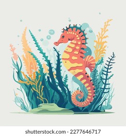 Seahorse in seagrass meadow. Underwater fish and sea creatures in natural habitat. Flat vector illustration concept