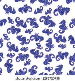 Seahorse seamless background. Turquoise sea life. Simple marine pattern. White, neutral and blue Funny Sea Horse. Watercolor illustration. Vector design. Hand drawn illustration. Summer exotic symbol.