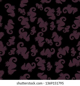Seahorse seamless pattern background. Hippocampus vector cartoon icon set of underwater fish and silhouette isolated on brown, black and purple background. Vector.