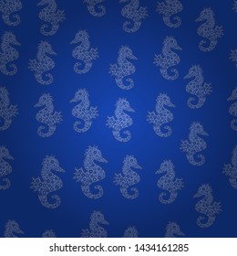 Seahorse seamless pattern background. Hippocampus vector cartoon icon set of underwater fish and silhouette isolated on blue and violet background. Vector.