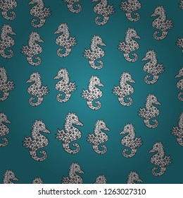 Seahorse seamless pattern background. Vector. Hippocampus vector cartoon icon set of underwater fish and silhouette isolated on white, black and blue background.