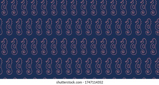 Seahorse seamless pattern doodle line hand drawn illustration. Blue marine endless background 