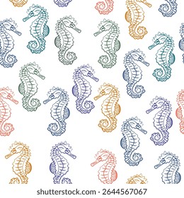 Seahorse Seamless Pattern Line Art Style. Seahorse Simple Hand Drawn Art Print for Trendy Design. Ocean Animals Abstract Vector Illustration in Doodle Sketch Style. Not AI