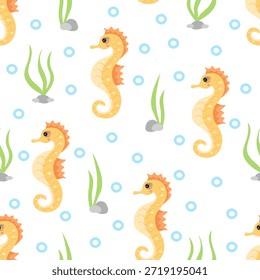 Caballo de mar sin patrón. Ilustración vectorial para estampado, fondos, fundas y embalaje. La Imagen se puede utilizar para tarjetas de felicitación, carteles, pegatinas y textiles. Aislado sobre fondo blanco.