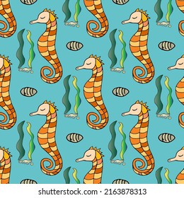 Seahorse seamless vector marine pattern for creating prints, fabrics, textiles, flyers, digital paper, etc. Seahorse, seaweed and shell on green background seamless abstract marine pattern.