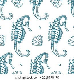 Seahorse Seamless Vector Pattern. Isolated on white background. Seahorses with Seashell vector illustration for fabric, wallpaper, design in a marine Sea theme