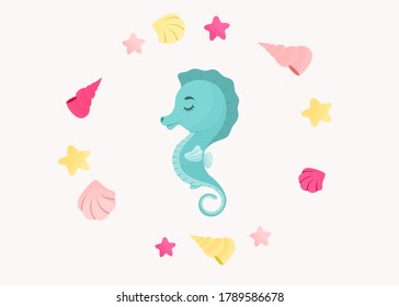 Seahorse, Seashells and Starfish on light background. Flat vector illustration. 