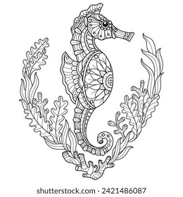 Seahorse and seaweed hand drawn for adult coloring book