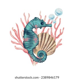 Seahorse, shell, bubbles. Vector sea illustration in watercolor style. Greeting cards, invitations, covers, themed flyers and banners.