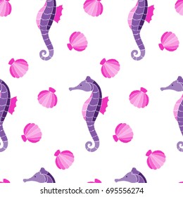 Seahorse and shell embroidery seamless pattern on white background. Fashion wallpaper, textile print.