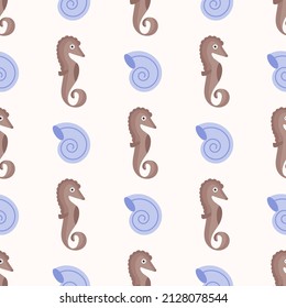 Caballo de mar y patrón de concha para el diseño de ropa textil. Imagen vectorial para uso en el diseño del sitio web
