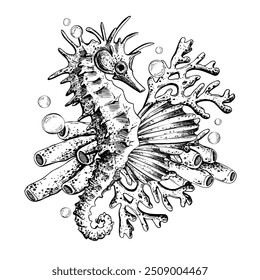 Seahorse with shells, corals, fish, algae and bubbles. Marine illustration of the underwater world hand drawn in black ink graphically. Vector composition in EPS.