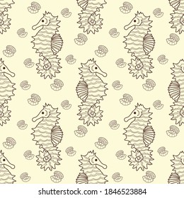 Seahorse and shells seamless pattern. Hand drawn line on a sepia background. Vector pattern for textile, background, ornaments