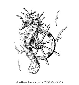 Seahorse with ship's wheel and seaweed. Illustration of hand drawn graphics, vector in EPS format. Composition isolated on white background.