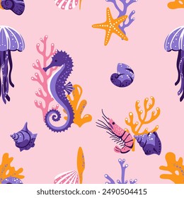 Seahorse, shrimp, shells, starfish, jellyfish and coral. Seamless pattern in nautical style.