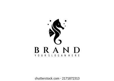 seahorse silhouette logo with water bubble decoration in simple flat design style