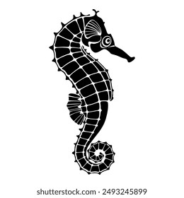 Seahorse. Silhouette on white.  Vector hand drawn illustration.  Excellent for the design of invitations, cards, menu decoration,  printing, logo, clipart and textiles. Black and white.
