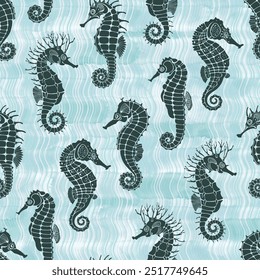 Seahorse silhouettes on waves background. Sea art background. Seamless pattern on the marine theme. Vector. Perfect for design templates, wallpaper, wrapping, fabric, print and textile.