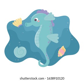 seahorse snail nautilus algae life cartoon under the sea vector illustration